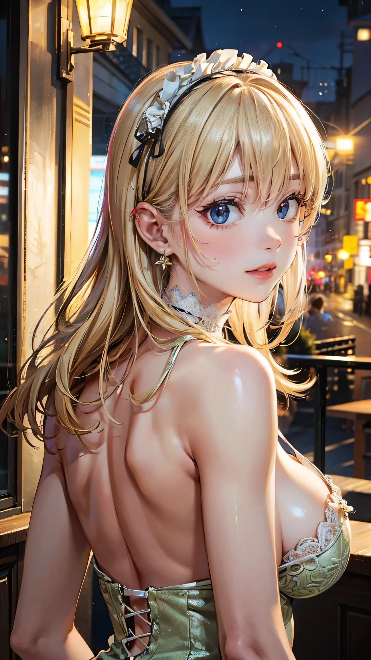 (Very detailed), (hyperRealistic), (RAW Photos), High resolution raw color photos, Professional photos, (Realistic), (bionde), (Detailed Hair、Detailed face、Detailed eyes、Detailed nose、Mouth details)、Professional Lighting, Perfect Anatomy, (Big Breasts), (Detailed face), (smile), Trending Hair&Trending Hairカラーをランダムに, Earrings, necklace, bracelet, erotic, sexly, ((Random sexly gravure poses)), (A girl wearing a light green dress in Gothic ta fashion、In the night forest, Exposing the breasts)、masterpiece, 最high quality, high quality, High resolution, sexlyに,Very beautiful princess with bright eyes, Mature Woman, Serious expression, Rage, ultra-realistic, Very detailed, Dynamic facial expressions, large natural breasts, Fine and beautiful eyes, Beautiful lip detail, Highly detailed eyes and face, Long eyelashes, Detailed face, masterpiece, 最high quality, high quality, High resolution, sexly, sksbrooke People, sksbrooke, Browsing Caution, (masterpiece:1.2), (最high quality:1.2), Perfect Eyes, Perfect Face, (night),, (Cleavage), Upper Body, close, One girl, alone, Black eyes, (Large Breasts), Firm breasts, Nipples, elaborate lingerie, 、masterpiece, 最high quality, high quality, High resolution ,((View from behind))、View from behind