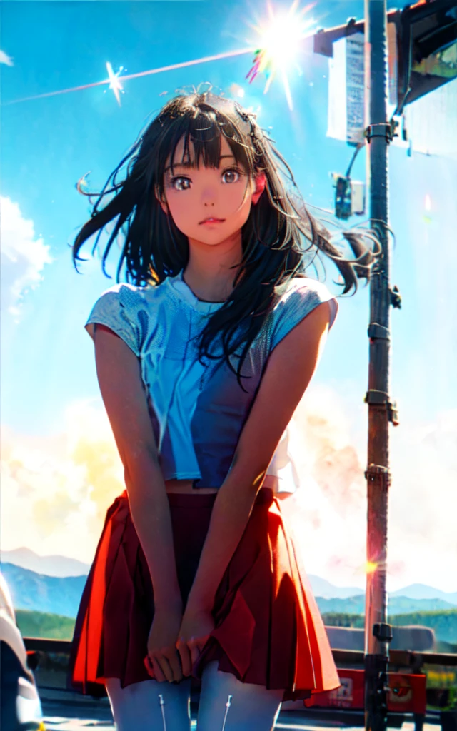 Front facing, facing this way、
Gal&#39;s more beautiful smile、
More cute casual summer outfits、Cute mini skirt、
More beautiful thighore beautiful colorful pantyhose、
Beautiful dark clouds, (Cowboy Shot:1.4), Beautiful and realistic, 
Beautiful masterpiece, Beautiful and top quality, Beautiful backlight, (Lens flare:1.1), (bloom:1.1), (chromatic aberration:1.1)

Meet in front of the station