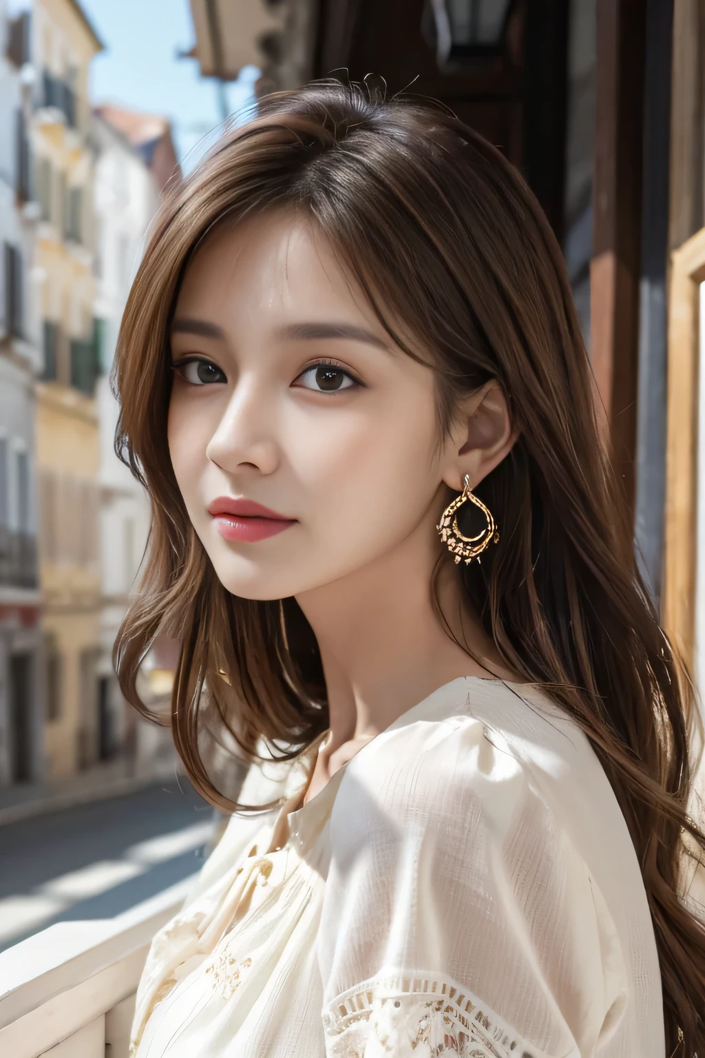 masterpiece, Highest quality, Realistic, Very detailed, Finer details, High resolution, 8k wallpaper, One beautiful woman,Wear a nice blouse, On a lovely cafe terrace, at noon, Light brown messy hair, Perfect dynamic composition, Beautiful and beautiful eyes、Big earrings、