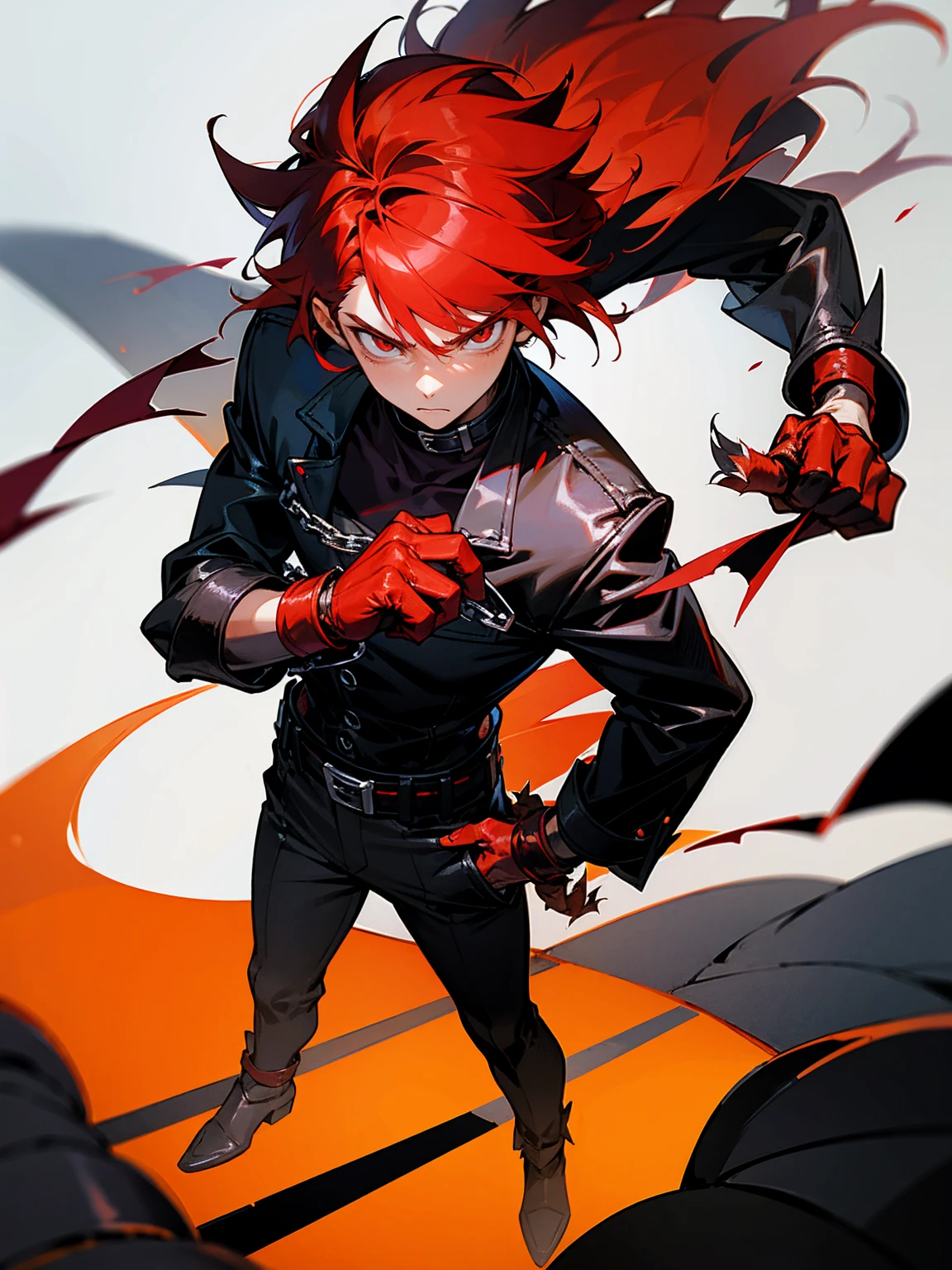 Teenage male demon, red hair, clawed hands, black leather, determined look, standing on path, with a chained belt