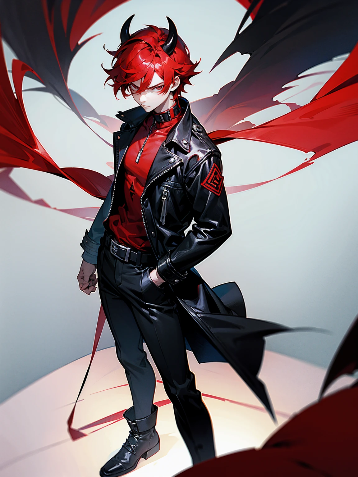 Teenage male demon, red hair, clawed hands, black leather, determined look, standing on path, with a chained belt