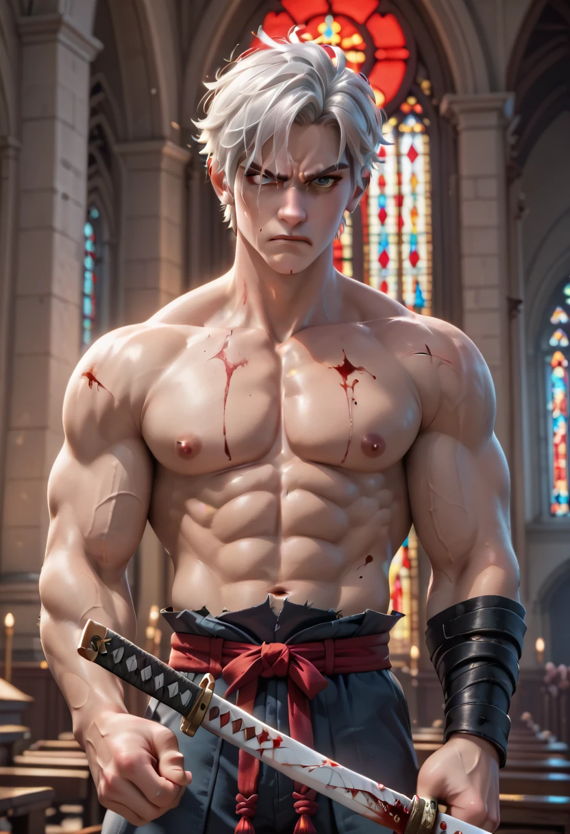 1boy, angry, holding katana, wielding katana, bloody, blood, gray eyes, white hair, short hair, straight hair, muscular, church, masterpiece quality, ultra HD, 4K, best quality