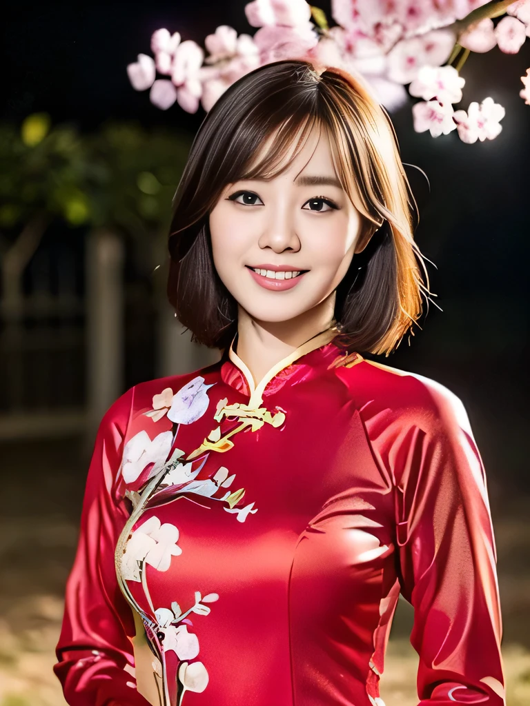(a gorgeous lady, age 25, Red Vietnamese traditional dress Ao Dai, posing at Takada Castle Park Cherry Blossom, under night sky, friendly expression, dimpled smile, cute snaggle-tooth, bob cut with bangs, beautiful detailed face, medium hair, beautiful detailed eyes, ample round bosom, photorealistic, hyper-realism, high contrast, ultra HD, realistic skin textures, top image quality, top-quality, super high resolution, fine details, very meticulously, masterpiece, head to knees, the Cowboy shot, romantic atmosphere, bokeh night background), random body orientation, (full body shot),