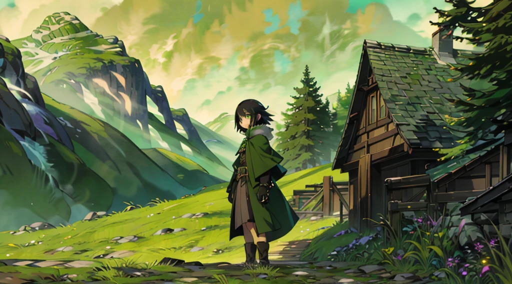 yuichiro hyakuya girl, (WithoutFear:1), 1 girl, black hair, green eyes, brown coat, gray armor, elves, sylvan, green shield, green cloak, dark brown gloves, forest, white fur trim, anime, standing, good quality, portrait, looking at viewer