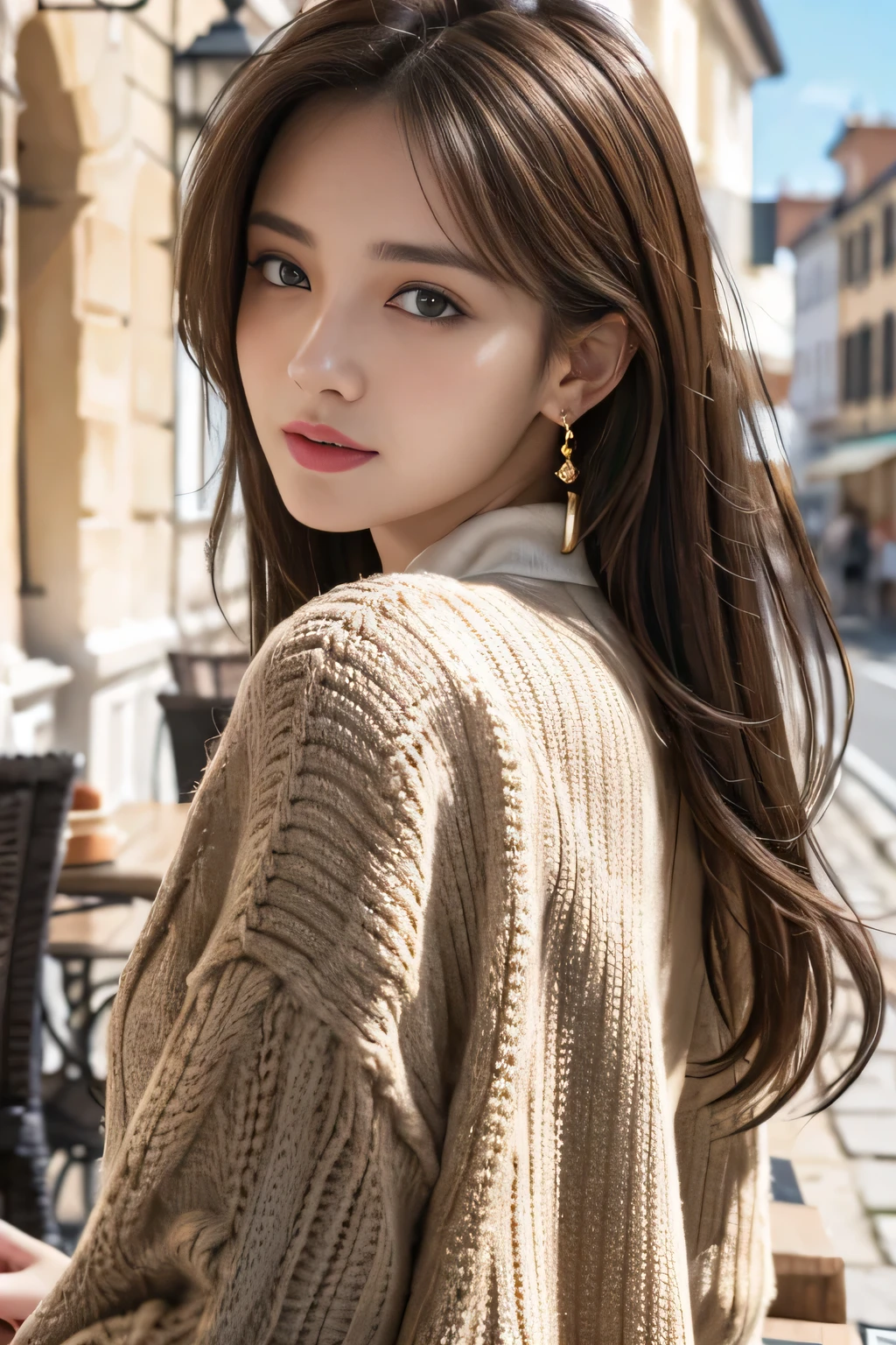 masterpiece, Highest quality, Realistic, Very detailed, Finer details, High resolution, 8k wallpaper, One beautiful woman,Wear a nice jacket, On a lovely cafe terrace, at noon, Light brown messy hair, Perfect dynamic composition, Beautiful and beautiful eyes、Big earrings、