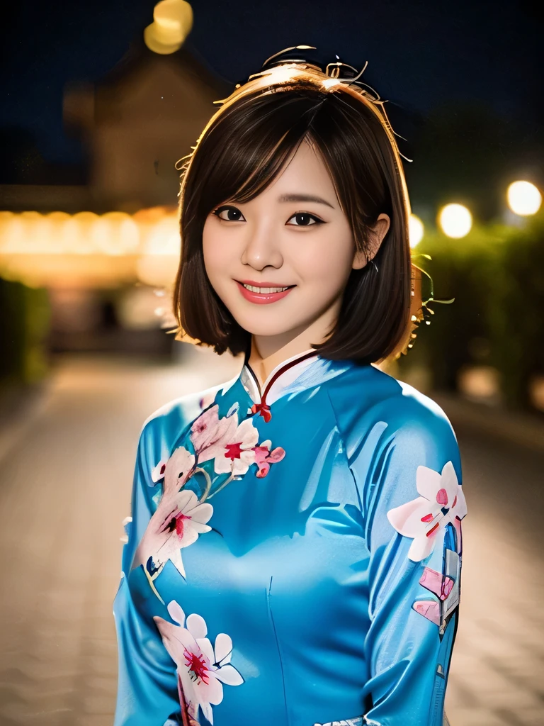 (a gorgeous lady, age 25, Blue Vietnamese traditional dress Ao Dai, posing at Takada Castle Park Cherry Blossom, under night sky, friendly expression, dimpled smile, cute snaggle-tooth, bob cut with bangs, beautiful detailed face, medium hair, beautiful detailed eyes, ample round bosom, photorealistic, hyper-realism, high contrast, ultra HD, realistic skin textures, top image quality, top-quality, super high resolution, fine details, very meticulously, masterpiece, head to knees, the Cowboy shot, romantic atmosphere, bokeh night background), random body orientation, full body shot,