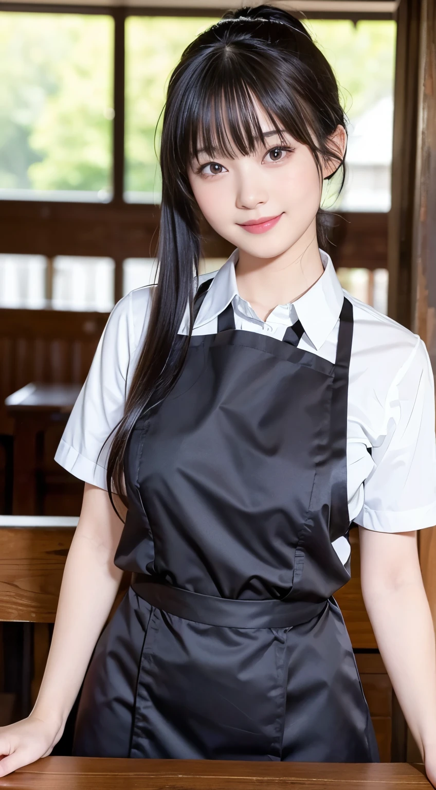 (Highest quality,masterpiece:1.3,Ultra-high resolution,),(Very detailed,Caustics),(Realistic:1.4,RAW shooting,)Ultra-Realistic Capture,Very detailed,High resolution 16K human skin closeup。 Natural skin texture、,pores、、、、It must be detailed enough to be easily identifiable。 Skin tone is even and healthy looking。 Use natural light and colour,restaurant,Waitress Uniform,1 girl,Japanese,18-year-old,cute,Black-haired,ponytail,Big Breasts,smile,Turn your body forward,(Front view:1.1),Looking into the camera,Cowboy Shot,