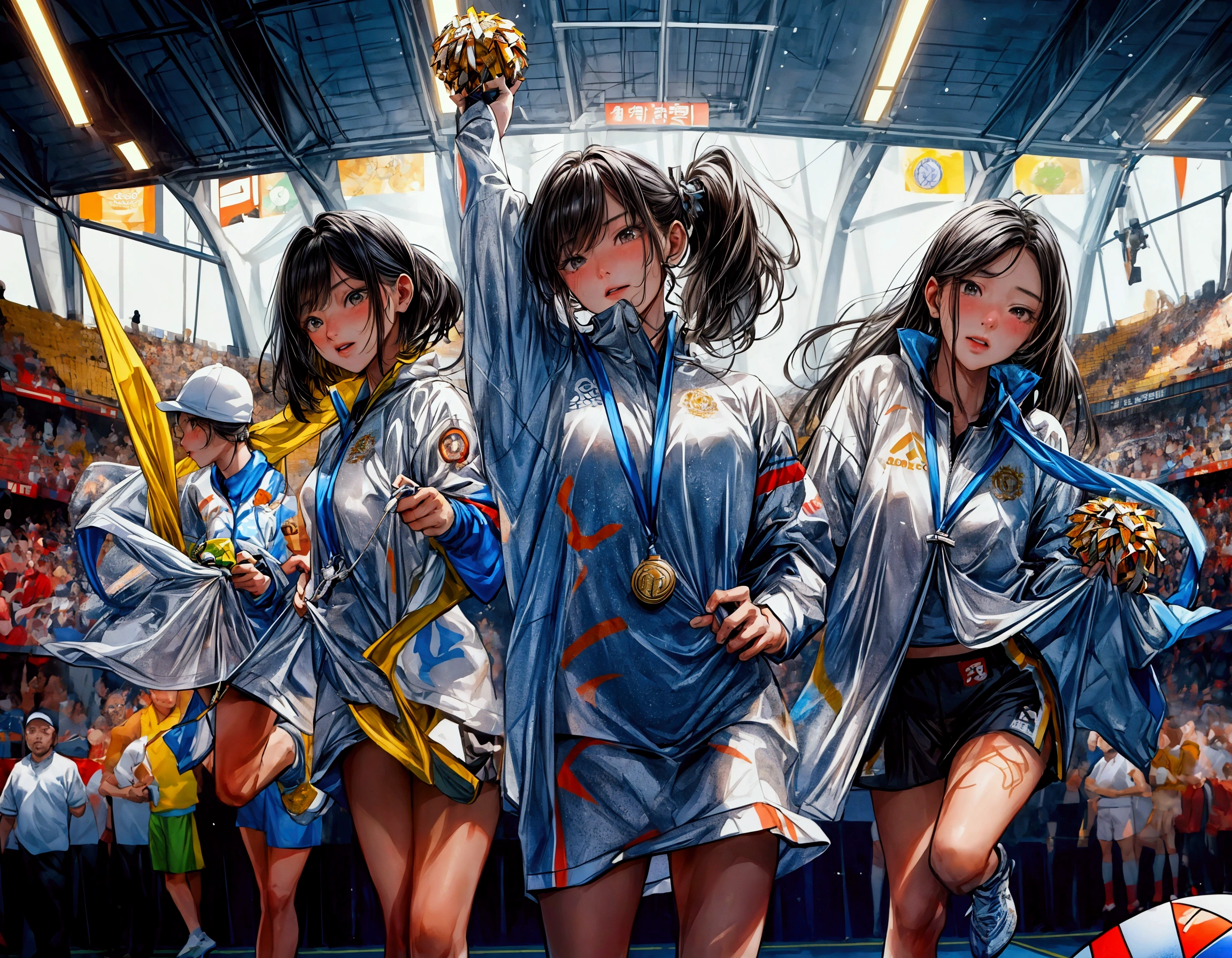 there are many athletes, 艺术illustration, Artistic Rendering, Sports settings, (cheer),(sports venue), (((whole body))),{(holding a medal in hand)}, taken in 2 0 2 0, Gemma Chan, mei-ling zhou, wenfei ye, open, yun ling, maya takamura, Olympic Games Photos, {{ Perfect facial proportions}},{{masterpiece}}, {{{best quality}}},{{Extremely detailed}}, {{illustration}},{{masterpiece}},{{{best quality}}},{{Extremely detailed}}, Photorealism,realism,Reality,High Detail,Ultra-high quality,high resolution,Popular on artstation,超realism,HD,16K,Unreal Engine,rendered on octane,Corona Rendering,Tilt Shift,Bottom View,Rembrandt Lighting,