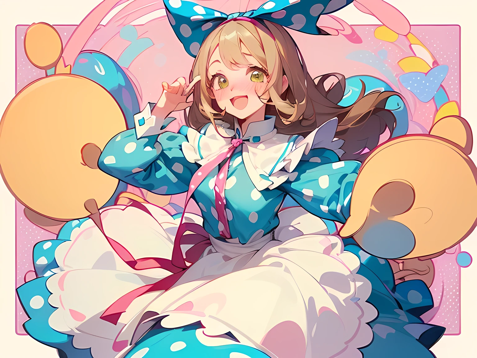 ((trio:1.3)),((Alice in Wonderland:1.3)),((A vibrant and lively background:1.2)),(Pop and cute polka dot pattern:1.45)),((You are the main character!:1.2)),((Beautiful images:1.15)),((high quality:1.15)),((Perfect graphics:1.15)),(((girl、Lady:1.2))),Big smile,(blush、Embarrassed laugh:1.25),(white、pink、cream、black、yellow)