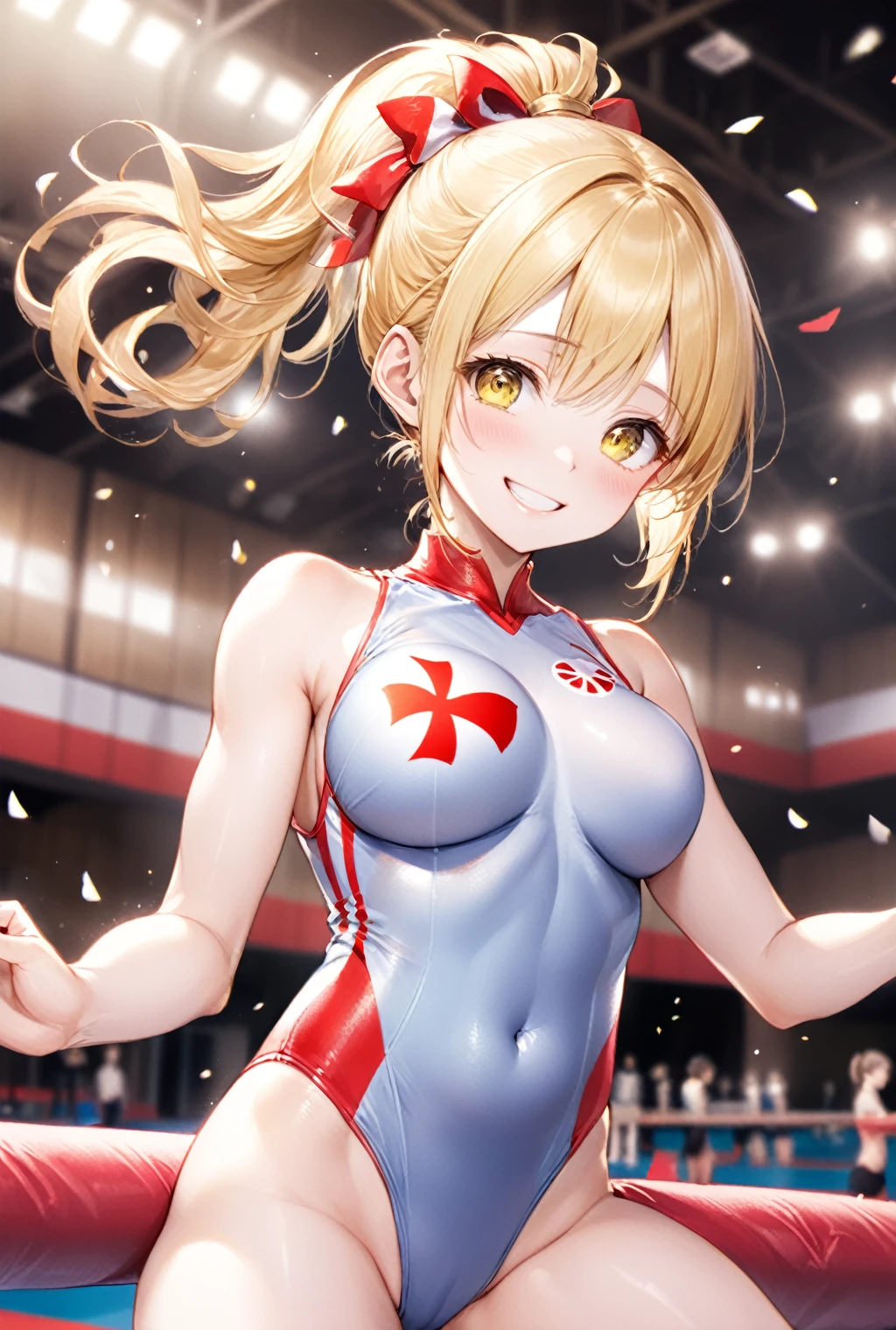 (Highest quality, 8k, 32K, masterpiece, Ultra-high resolution,:1.2),to be born, One Girl,So cute , Fantasy background like a gymnasium, clear, Shining Eyes, Age 25 ,Fair skin, Golden Hair Girl, Slanted Eyes, , An innocent smile, Grin, Large Breasts, New Gymnastics, Short Hair, Wearing a leotard,日本の国flagを持っている, 日本の国flag, NIPPON ,flag, ponytail