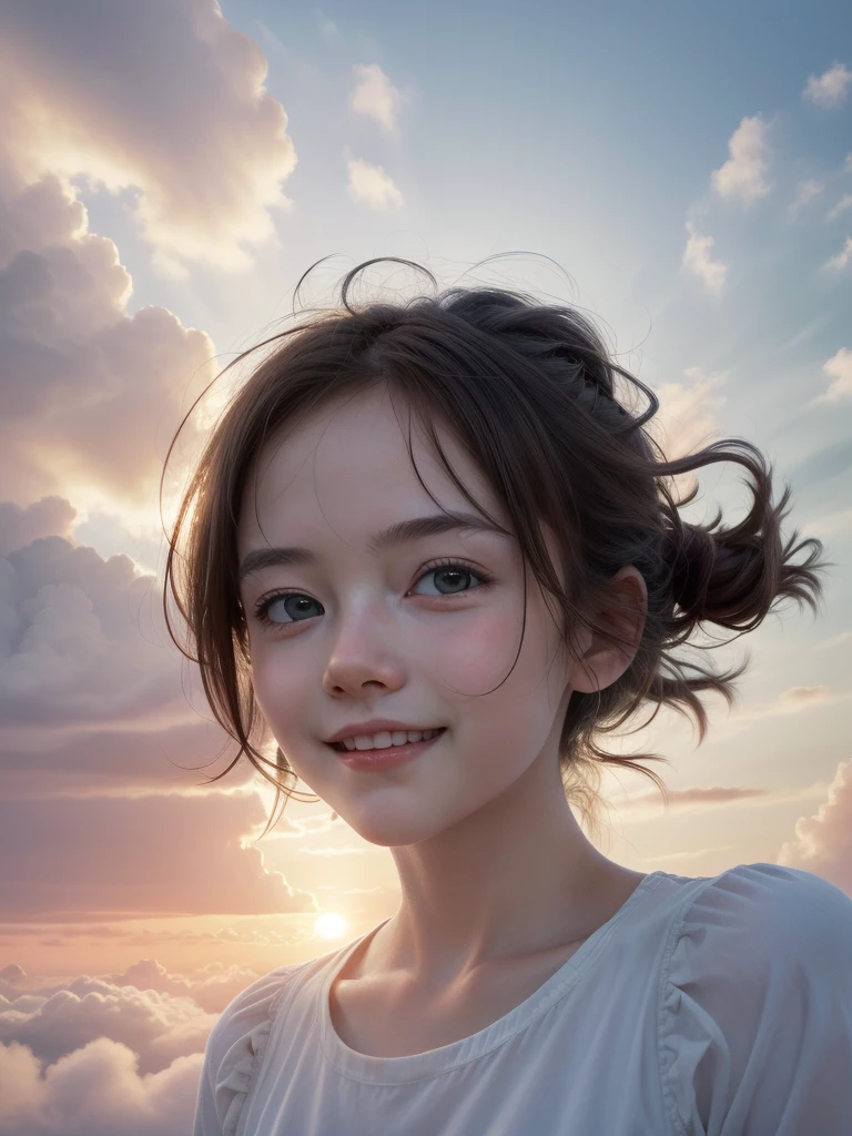 (masterpiece:1.1), (Highest quality:1.1), (High resolution:1.0), Cinematography, One girl, Floating in the sky, cloud girl, cloud, (close:1.1), bright, Happy, fun, Soft lighting, Sunset Space