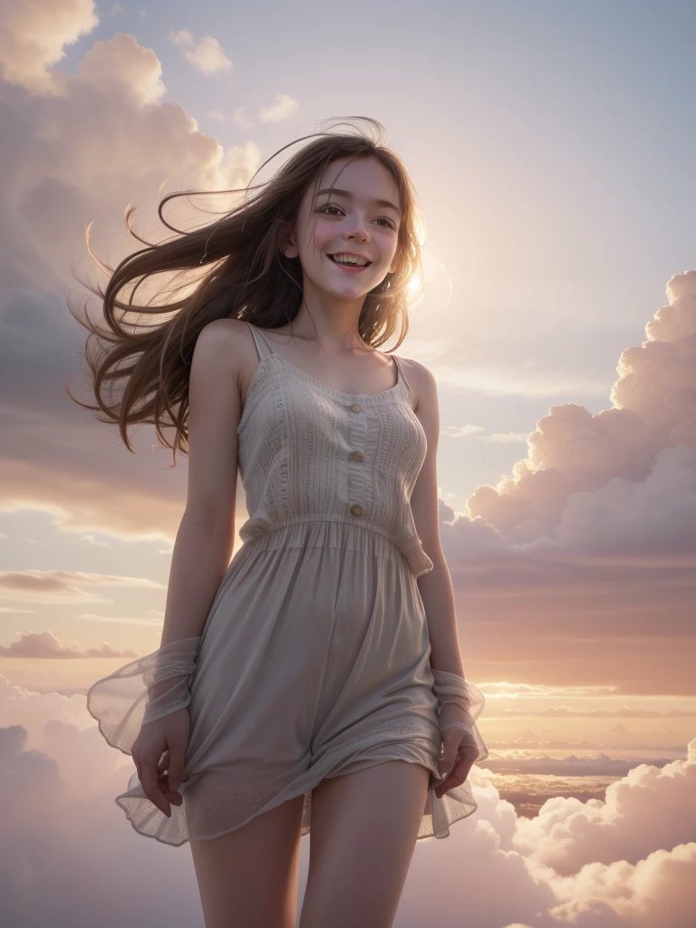 (masterpiece:1.1), (Highest quality:1.1), (High resolution:1.0), Cinematography, One girl, Floating in the sky, cloud girl, cloud, (close:1.1), bright, Happy, fun, Soft lighting, Sunset Space