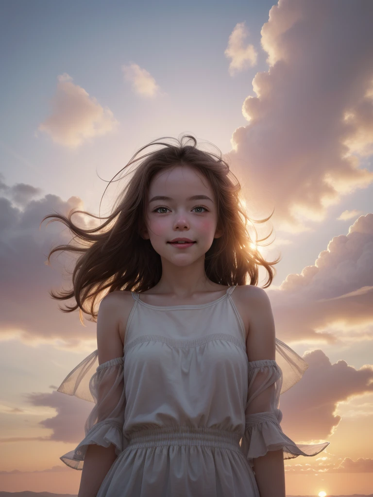 (masterpiece:1.1), (Highest quality:1.1), (High resolution:1.0), Cinematography, One girl, Floating in the sky, cloud girl, cloud, (close:1.1), bright, Happy, fun, Soft lighting, Sunset Space