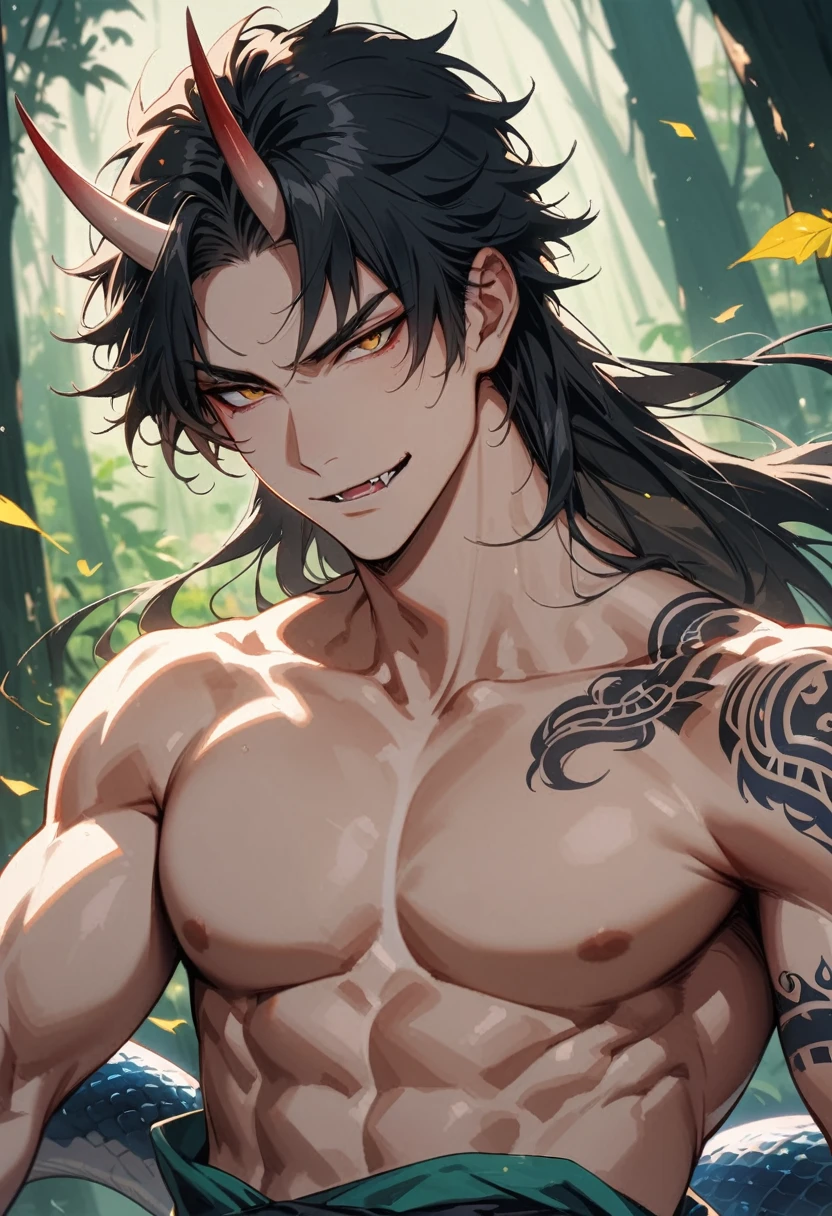 1man, bishonen, adult, handsome, male, solo, sneaky, oni horns, loose hair, (long black hair), flowing hair, (yellow eyes), yokai, shirtless, waist-up, light skin, pale skin, sinister smirk, muscular, (sharp fangs), (tribal tattoo:1.0), (background in forest), cinematic angle, masterpiece, forest, leaves, lush, best quality, high resolution, ultra-detailed, handsome, mullet, snake tail, lamia, naga