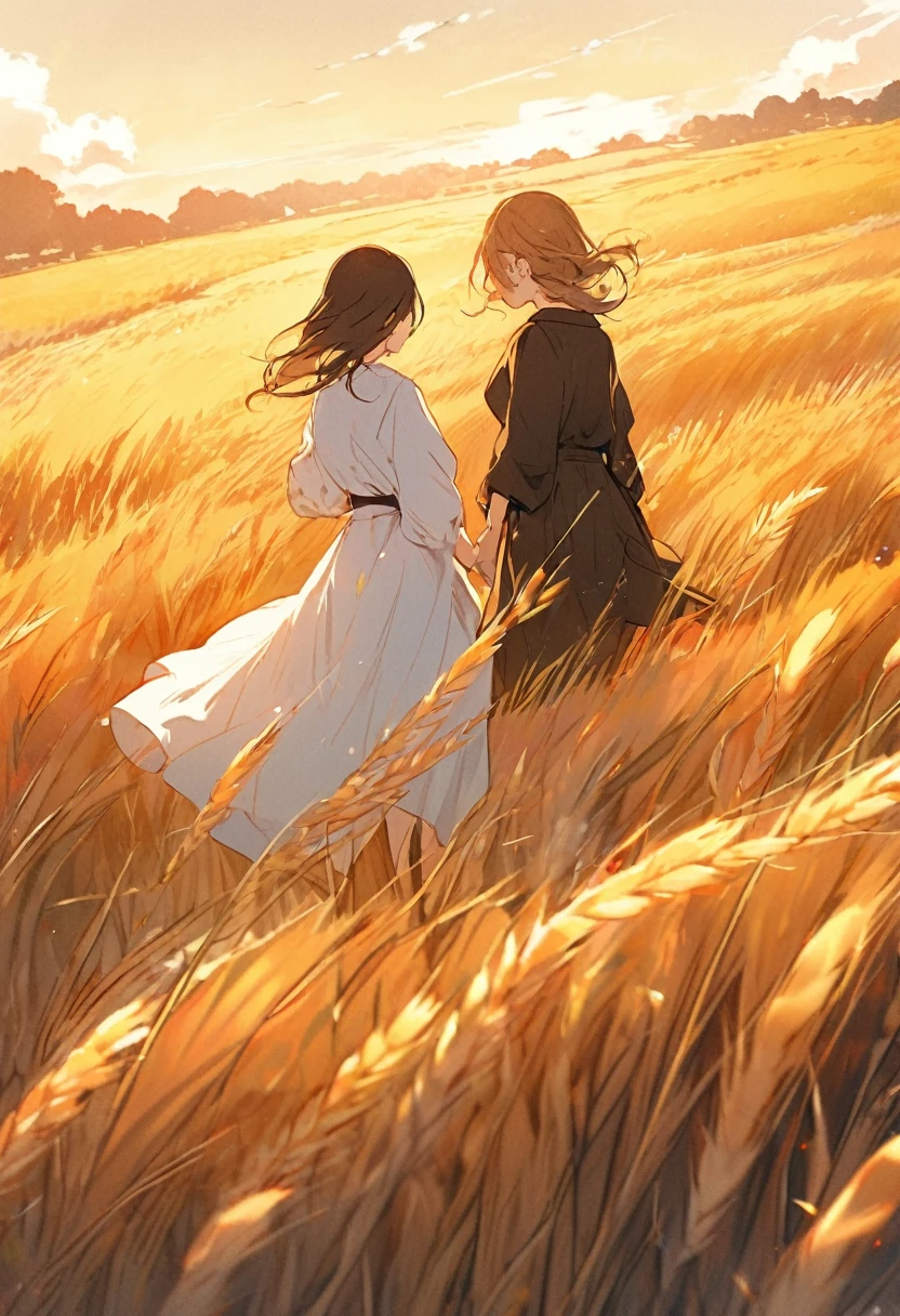 Golden wheat fields,2girl,Two girls in long skirts,There are white clouds floating in the sky,walking,Sunset,Illustration style,Great farewell