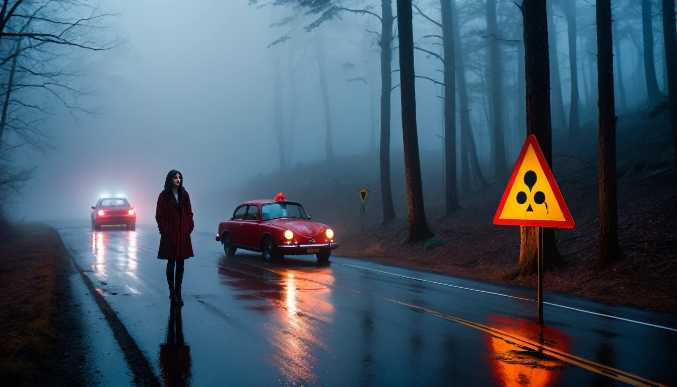 009: Create a hyper-realistic image of a mysterious, glowing sign by the side of the foggy road. The sign has cryptic symbols and an eerie, otherworldly light. Jimena stands next to her red car, examining the sign with a puzzled and worried expression. The fog is thick, and the surrounding forest is dark and menacing. The road is wet, reflecting the glow of the sign. The image should be in a 16:9 format, with soft shadows and highlights to enhance the sense of mystery and unease.