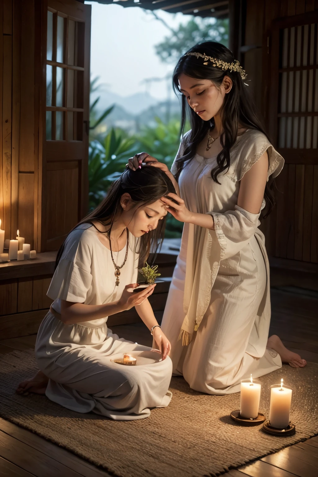 Create a vibrant and detailed illustration of the Amaci ritual in Umbanda. The scene should show a pai or mãe de santo applying an herbal bath to the head of a medium, in a sacred and welcoming environment. Important elements to include:

Pai or Mãe de Santo: Dressed in traditional white clothing, adorned with beaded necklaces and holding a clay container with water and herbs.

Medium: Seated or kneeling, with head bowed to receive the herbal bath, in an expression of serenity and spiritual connection.

Herbs: Visibly present, such as rue, guinea and basil, both in the container and around the scene.

Setting: Decorated with lit candles, incense giving off smoke, and offerings, such as fruits and flowers, arranged around.

Spiritual Atmosphere: Include ethereal elements, such as soft light radiating from candles and a subtle glow around the participants, to symbolize the presence of spiritual guides.

The image must convey a sense of peace, purity, and connection with spirituality, reflecting the essence of the Amaci ritual in Umbanda.