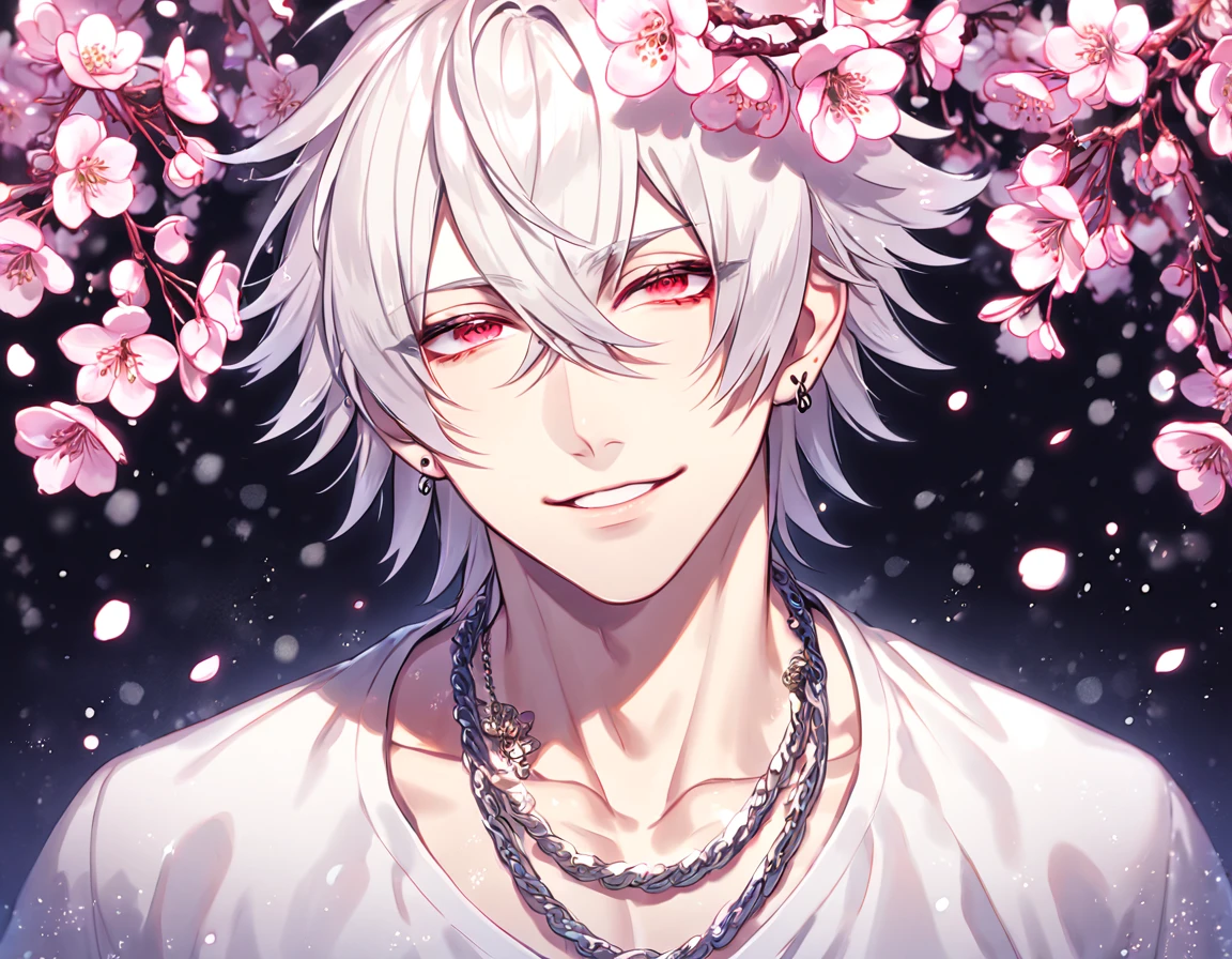 Ultra detailed, HDR, Highres, absurdres, master piece, Aohitsugi Samatoki, white hair, long eyelashes, expressive red eyes, white shirt, Hypnosis Mic, sexy man, handsome, cherry, flowers, blossoms, fantasy, magical, pink leaves, snowing, handsome, sensual, best quality, glittering, solo, necklace, piercing, handsome smile,