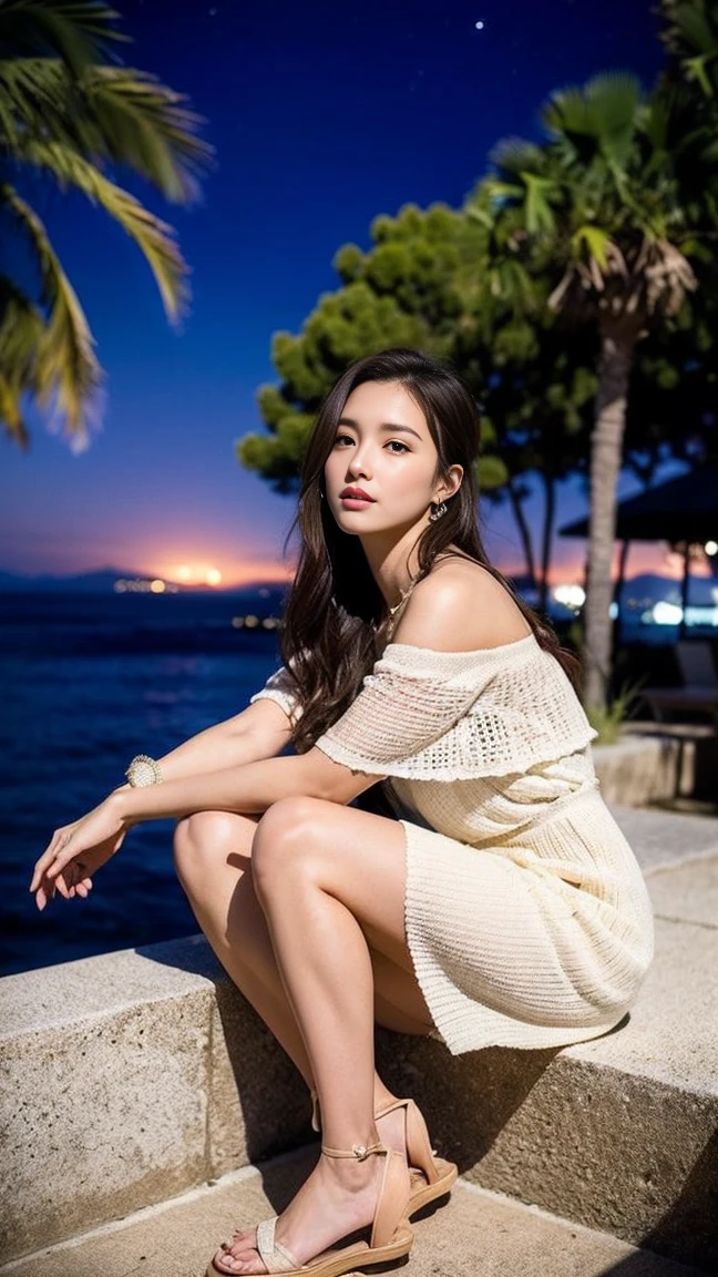 dark brown hair、Light brown eyes、Japanese actress、I am about 40 years old...、Saint-Tropezにあるテラスレストランで、Spectacular views、In nature、Enjoying the delicious meal on the terrace、背景にはSaint-TropezのSpectacular viewsが広がる、A dress with a resort feel、Off the shoulder、Sandals、Night view、Deep sorrow、Feeling weak、Debilitated pose、Deep sorrowの表現、Saint-Tropez、Pose with center of gravity shifted to the side、