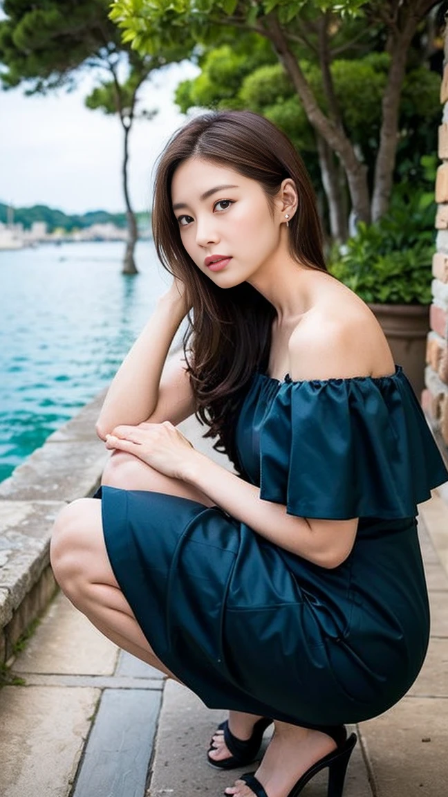 dark brown hair、Light brown eyes、Japanese actress、I am about 40 years old...、Saint-Tropezにあるテラスレストランで、Spectacular views、In nature、Enjoying the delicious meal on the terrace、背景にはSaint-TropezのSpectacular viewsが広がる、A dress with a resort feel、Off the shoulder、Sandals、Night view、Deep sorrow、Feeling weak、Debilitated pose、Deep sorrowの表現、Saint-Tropez、Pose with center of gravity shifted to the side、