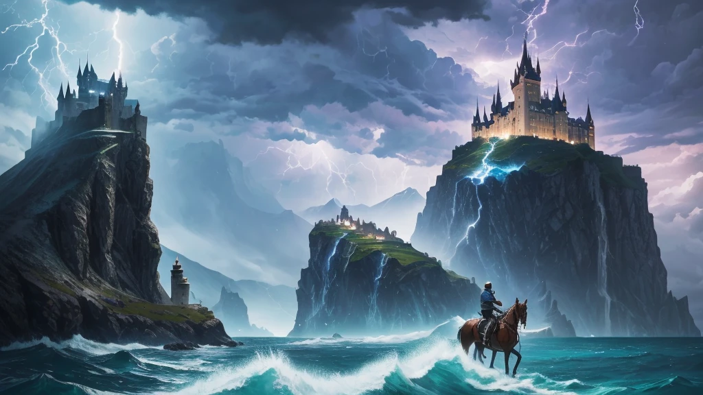 a rider on his horse backwards on top of a hill, In the background there is a castle near a cliff overlooking the sea, There are several black rain clouds in the sky and lightning strikes right in the ocean next to the castle