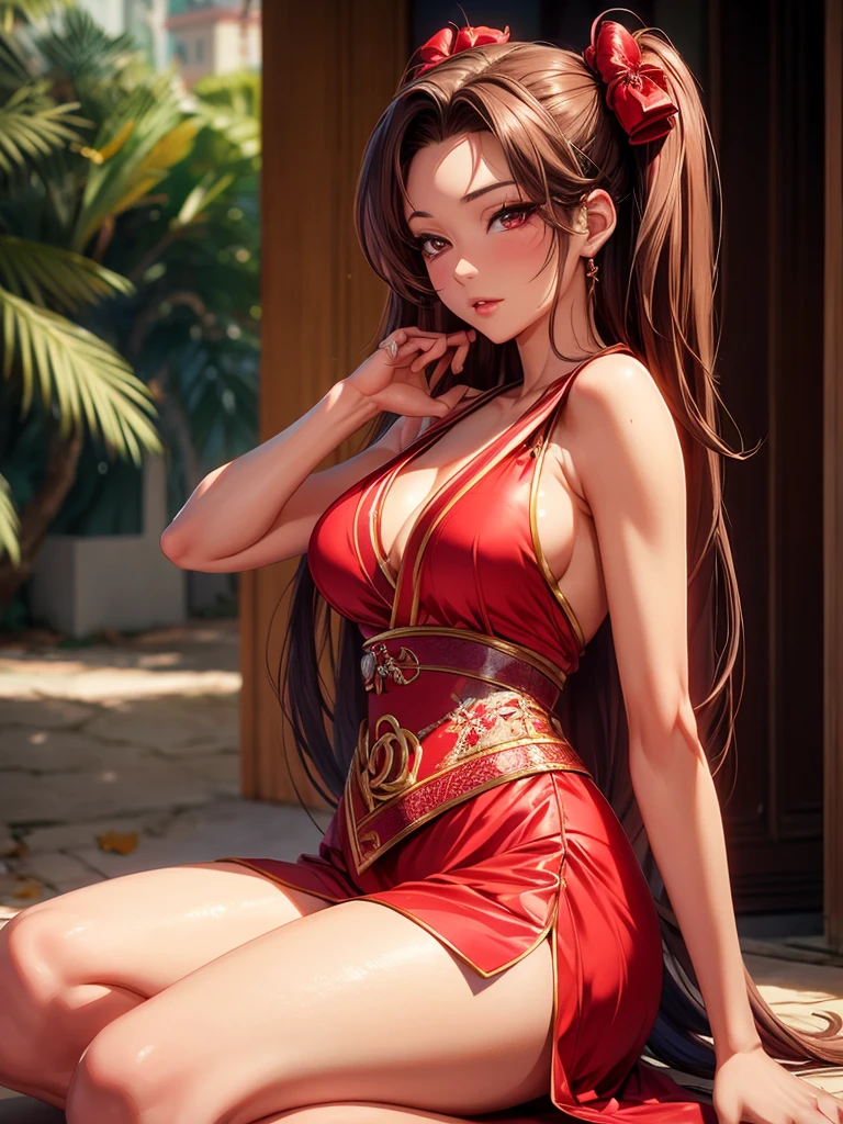 Mai Shiranui, ultra-realistic 8k CG, 1 beautiful woman, perfectbody, divine beauty, long  hair, Eyes seductive, looking at the camera, make-up, medium breasts, oriental costumes, chanel short dress, beautiful legs showing, posing for a professional photograph