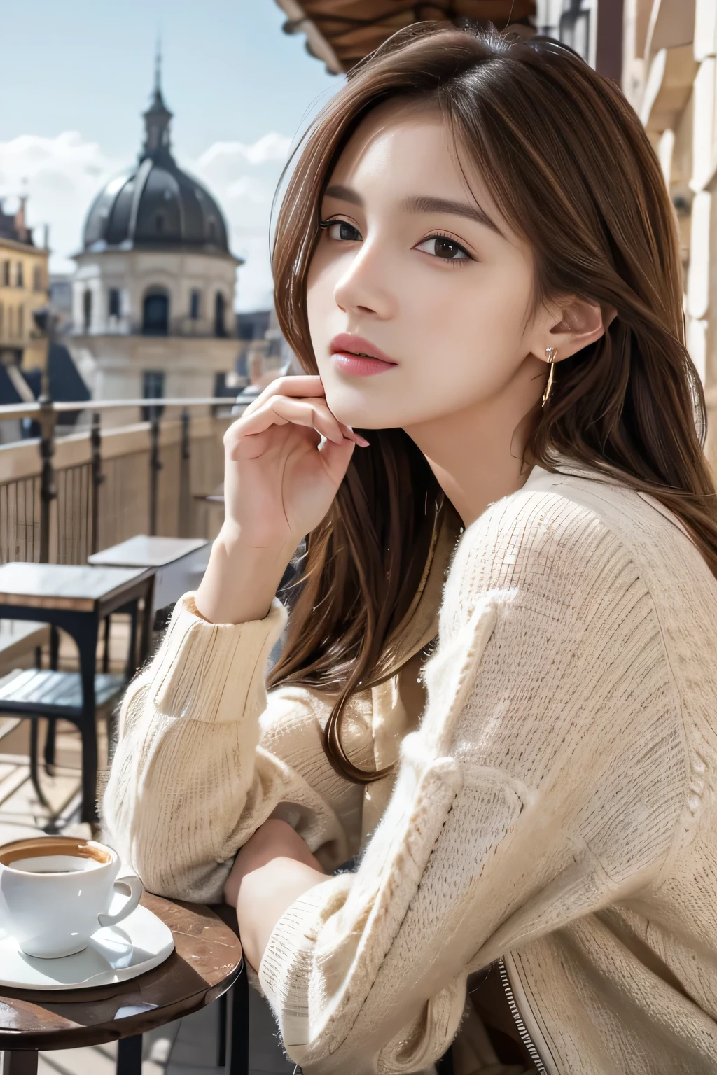 masterpiece, Highest quality, Realistic, Very detailed, Finer details, High resolution, 8k wallpaper, One beautiful woman,Wear a nice jacket, On a lovely cafe terrace, at noon, Light brown messy hair, Perfect dynamic composition, Beautiful and beautiful eyes、Big earrings、