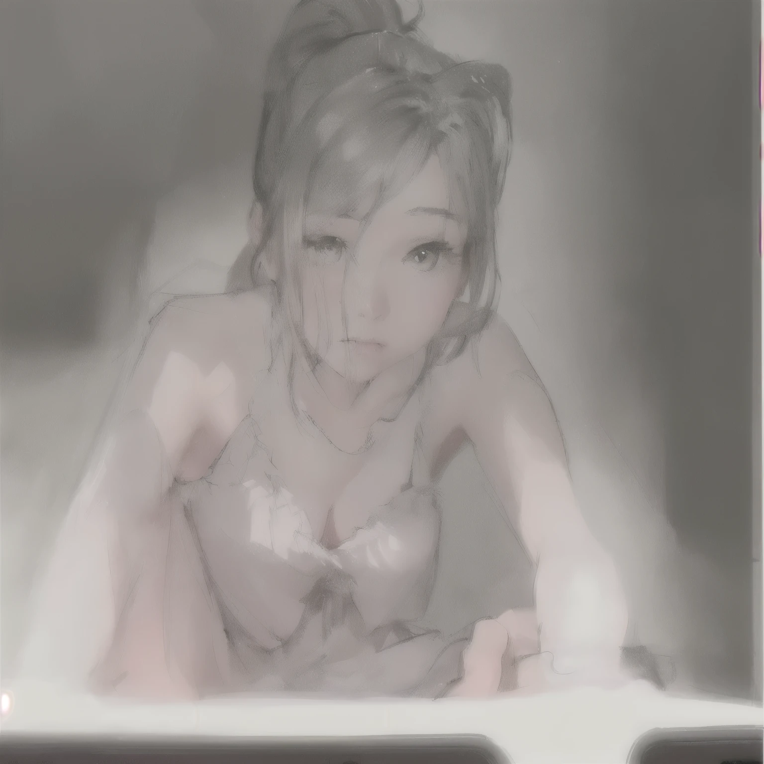 a drawing of a woman with a ponytail sitting on a bed, digitally draw on wacom tablet, digital sketch, extreme foreshortening, soft digital painting, light study, digital paining, speed painting and scribble art, rough sketch, blurry and dreamy illustration, lowres, quick sketch, digital paiting, digital pencil painting, translucent body, digtial painting