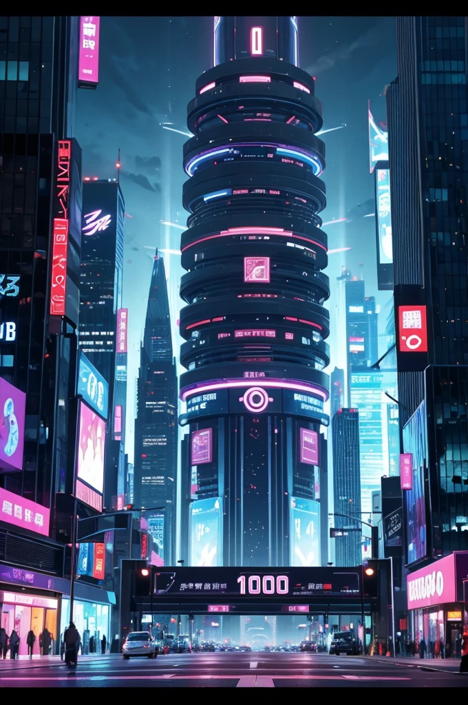 signage board called "1000", massive size, futuristic city background