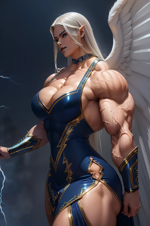 (Close view), tall, White haired woman, long straight hair, light brown skinned, closed smile, (black lipstick), ((massive muscles)), (hyper muscle), ((ginormous bulky muscles)), ((glowing blue eyes)), (white sparkling cheongsam dress), (giant angel wings), gauntlets, choker, thigh high boots, (carrying thunder in the Sky)