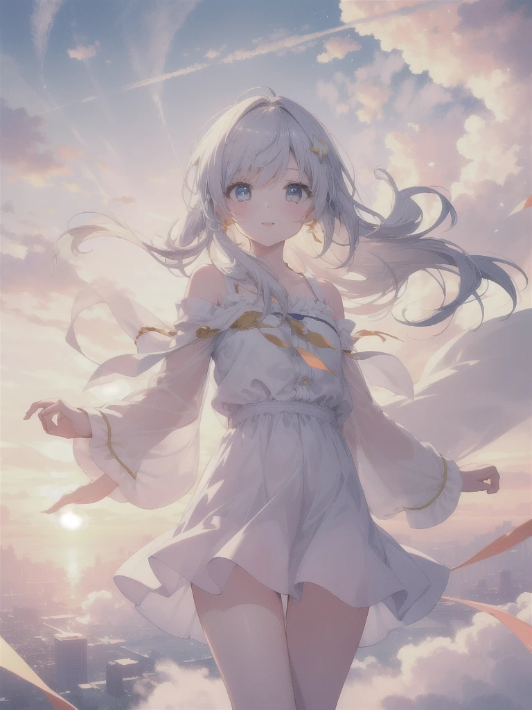 (masterpiece:1.1), (Highest quality:1.1), (High resolution:1.0), Cinematography, One girl, Floating in the sky, cloud girl, cloud, (close:1.1), bright, Happy, fun, Soft lighting, Sunset Space