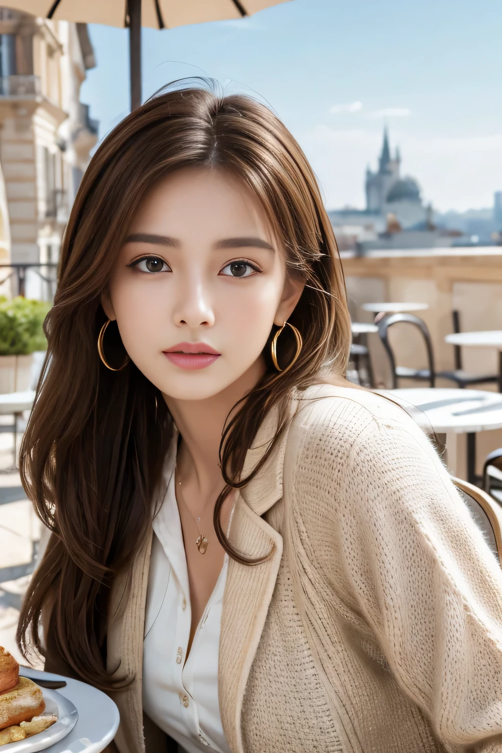 masterpiece, Highest quality, Realistic, Very detailed, Finer details, High resolution, 8k wallpaper, One beautiful woman,Wear a nice jacket, On a lovely cafe terrace, at noon, Light brown messy hair, Perfect dynamic composition, Beautiful and beautiful eyes、Big earrings、
