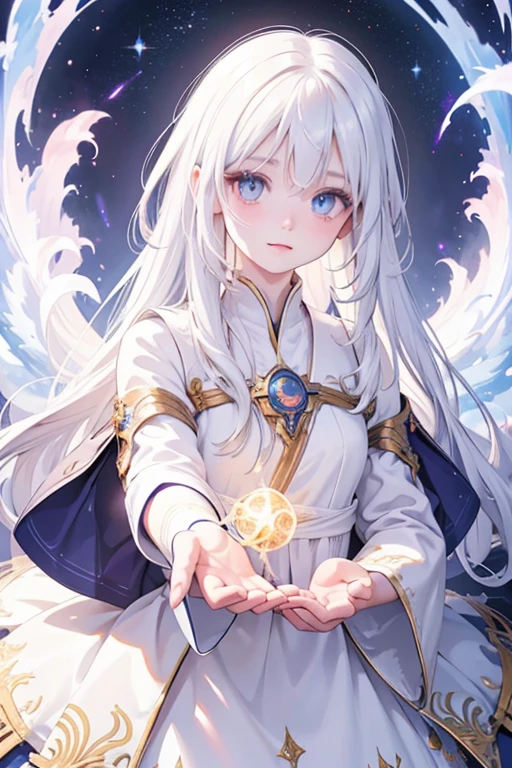 1girl, , shy, white hair, amber eyes, cosmic powers flowing from hands, photorealistic, 8k, hyper detailed, intricate details, cinematic lighting, dramatic composition, ethereal, mystical, fantasy, glowing energy