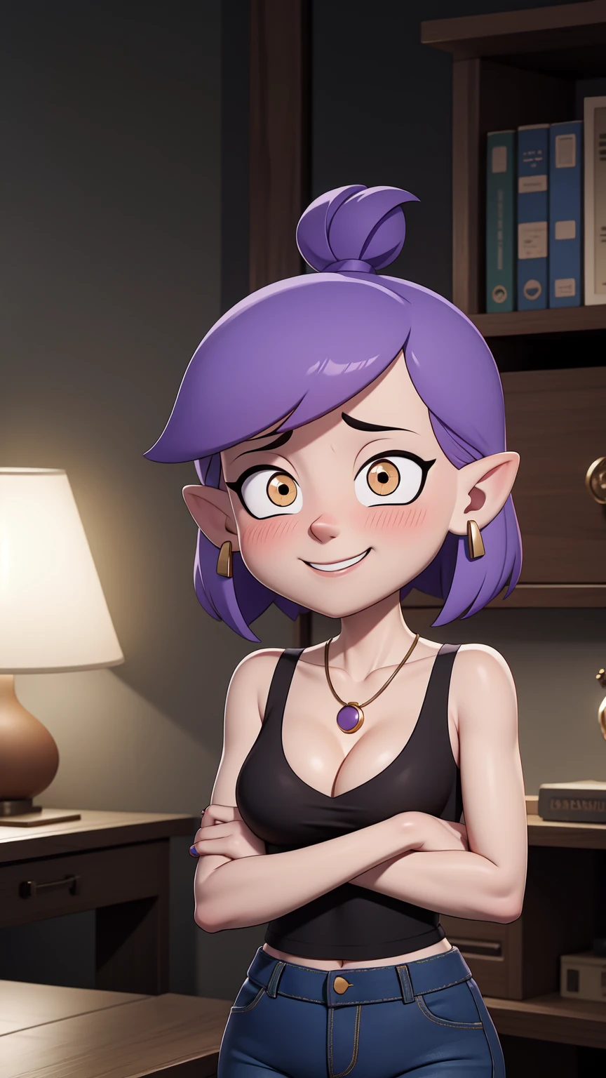 (masterpice, best quality), AmityBlight, short height, young, makeup, black earrings, yellow eyes, short hair, (purple hair:1.4), pointed ears, tank top, (((cleavage))),small breasts, amulet, (tight jeans), standing, looking at viewer, seductive smile, naughty face, nose blush