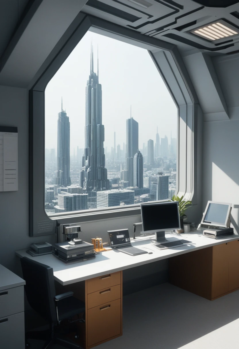 a beautiful sci-fi futuristic private office room with matte painting by John Harris, Sparth e Greg Rutkowski. Sharp edges, Tiffany azul, gray orange, white and gold. Science fiction room on a space base, Outside the windows a future city skyline, Efeito de Luz. ultra clear detailed, 3d, octane render 8