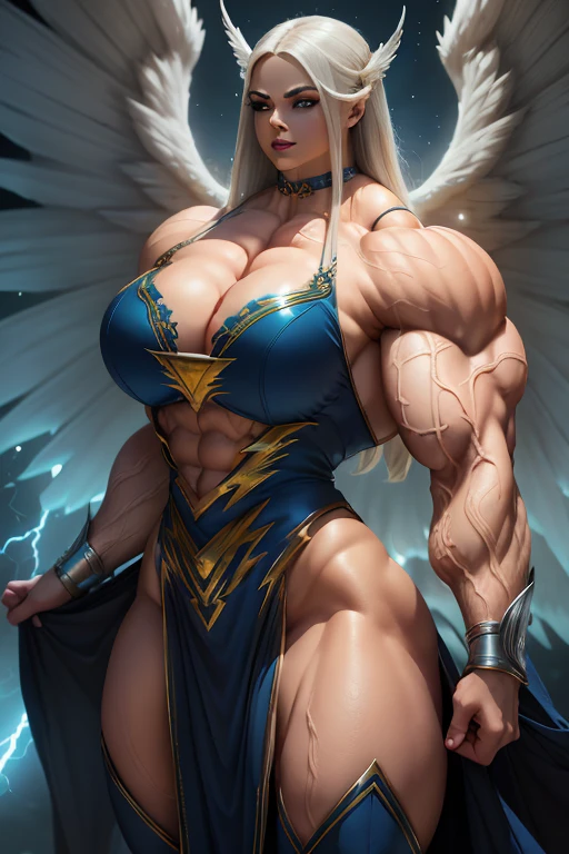 (Close view), tall, White haired woman, long straight hair, light brown skinned, closed smile, (black lipstick), ((massive muscles)), (hyper muscle), ((ginormous bulky muscles)), ((glowing blue eyes)), (white sparkling cheongsam dress), (giant angel wings), gauntlets, choker, thigh high boots, (carrying thunder in the Sky)