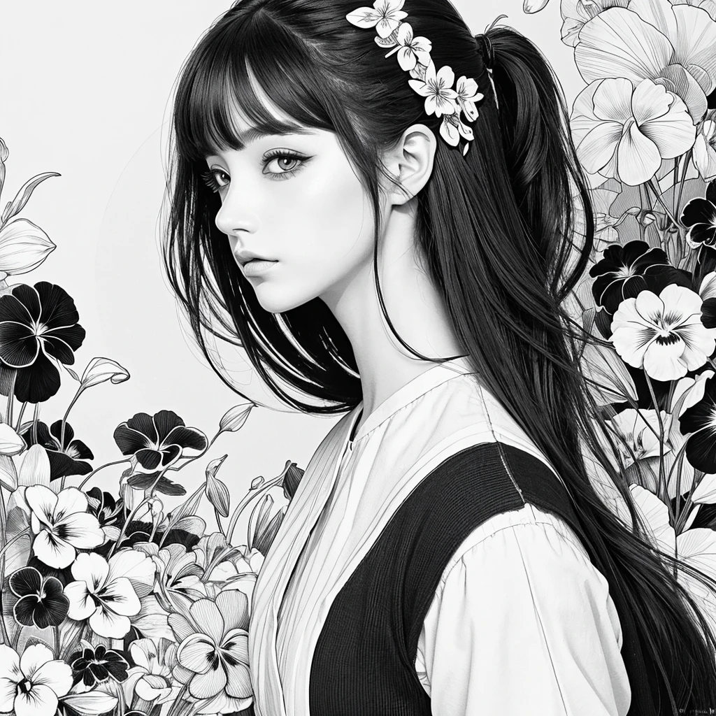 A picture that can be enjoyed as a coloring book、Pansy painting、An illustration、beautiful、Bold line、Manga style、Low Detail、No black paint、1 picture