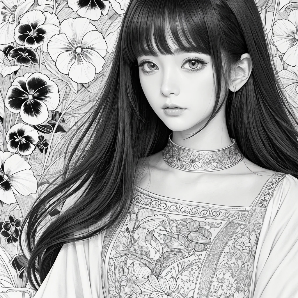 A picture that can be enjoyed as a coloring book、Pansy painting、An illustration、beautiful、Bold line、Manga style、Low Detail、No black paint、1 picture