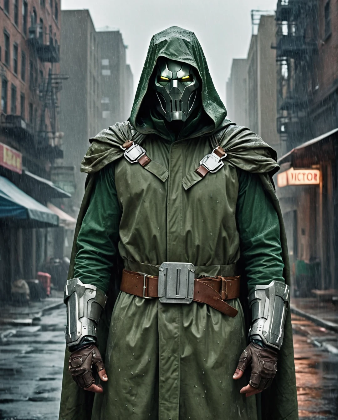 photorealism, hyperrealism, cinematic, A stunning street style portrait of a rugged post-apocalyptic, of Victor Von Doom as Doctor Doom, braving the elements.using your mask. Dressed in traditional costume with military camouflage details with a worn texture, he stands against a desolate urban backdrop. Rain falls, creating a cinematic atmosphere as the drops hit the surface of the coat. Intricate details such as patched repairs and buckled straps accentuate the character's resilience and resourcefulness. The scene is captured in a high-contrast, emphasizing the interplay of light and shadows.