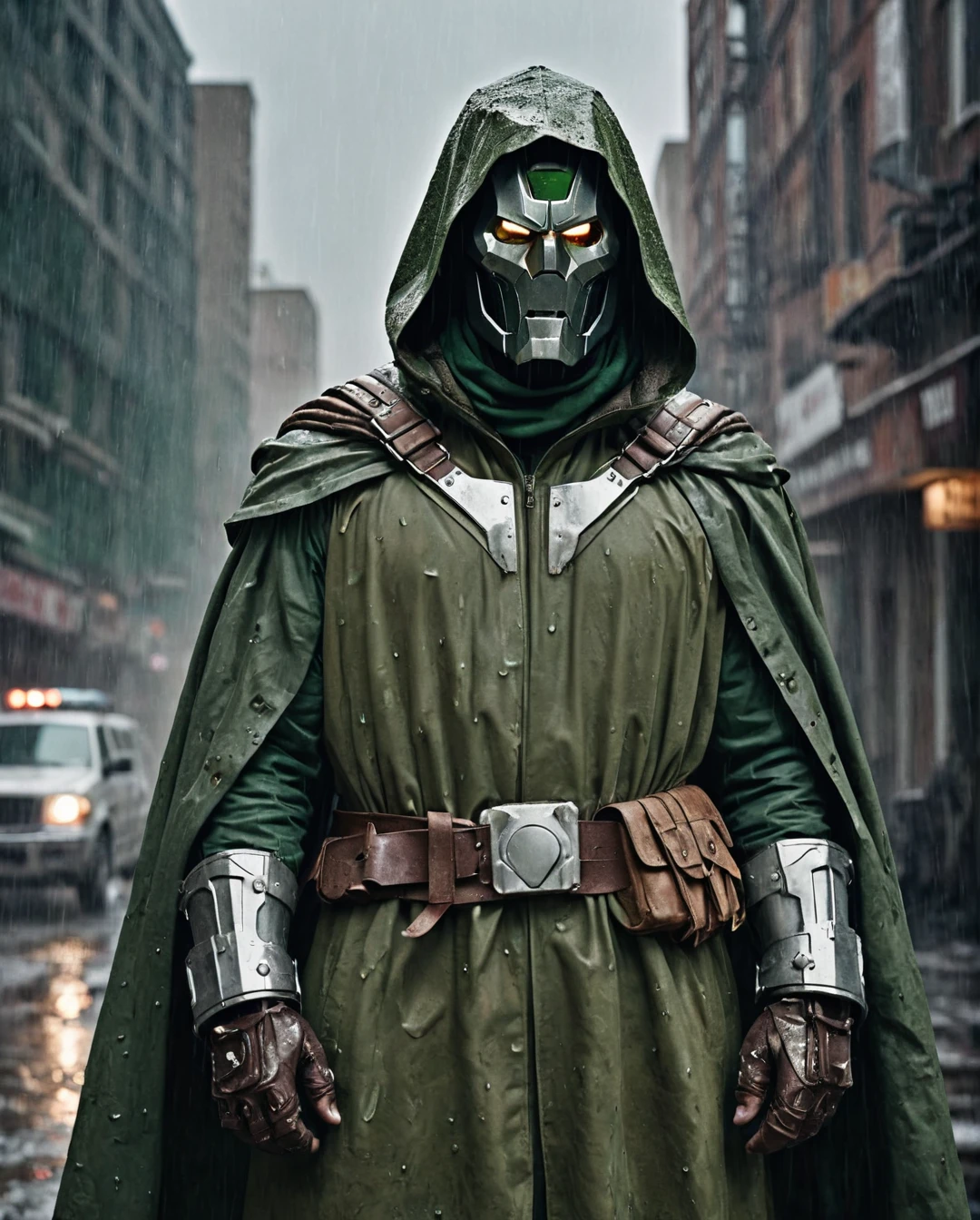 photorealism, hyperrealism, cinematic, A stunning street style portrait of a rugged post-apocalyptic, of Victor Von Doom as Doctor Doom, braving the elements.using your mask. Dressed in traditional costume with military camouflage details with a worn texture, he stands against a desolate urban backdrop. Rain falls, creating a cinematic atmosphere as the drops hit the surface of the coat. Intricate details such as patched repairs and buckled straps accentuate the character's resilience and resourcefulness. The scene is captured in a high-contrast, emphasizing the interplay of light and shadows.