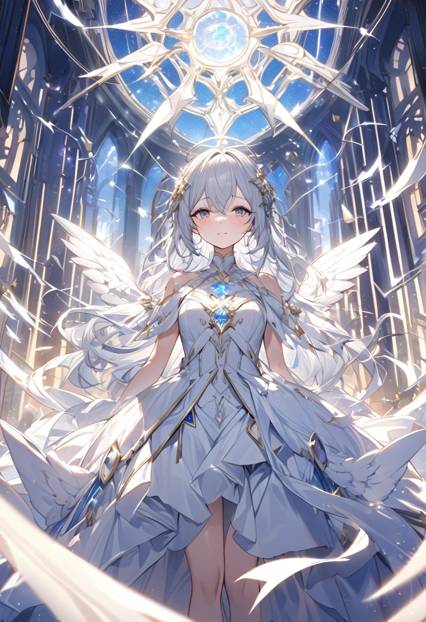 Attention to detail, Super Detail, Ultra-high resolution, An angel having a good time in the sanctuary of dreams, The girl is wearing state-of-the-art technology,The white light that shines on her, The background is a sacred area,The sky is a mixture of day and night,Delicate face, Add a fantastical atmosphere 