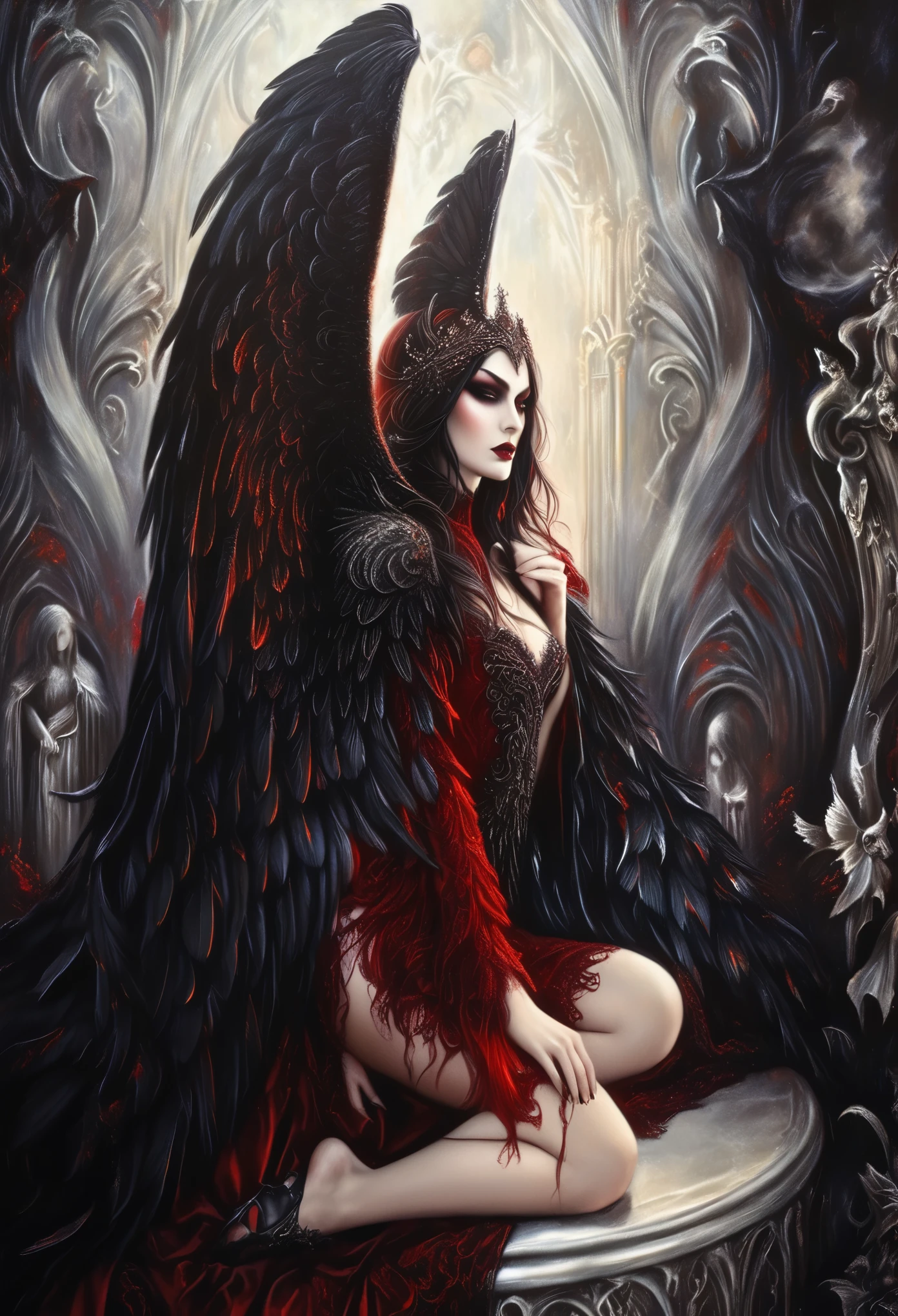 gothic woman with wings sitting on a throne with a red dress, gothic fantasy art, fantasy dark art, angel knight gothic girl, raven winged female vampire, angel with black wings, dark angel, dark feathered wings, beautiful fantasy art, villainess has black angel wings, dark fantasy art, of beautiful angel, dark fantasy style art, very beautiful fantasy art