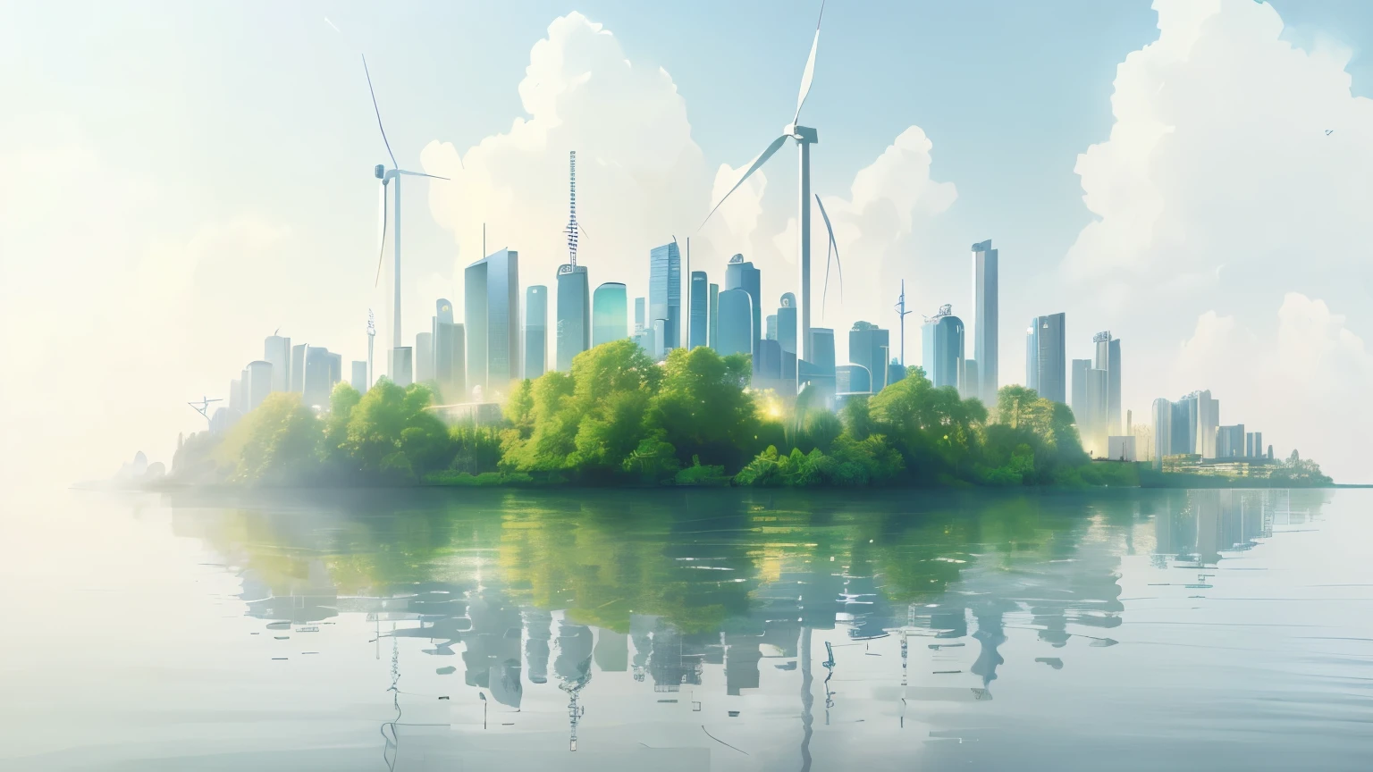 Alafid city skyline,Wind turbines on the lake in front of the city, In the Eco-City, landscape of a City of the Future, renewable energy, city environment, enviromental portrait, City of the Future, 美丽的City of the Future, City background, Environment Concept Art, City background, green energy, Solar Punk City, Green Technology, Background. Eight thousand
