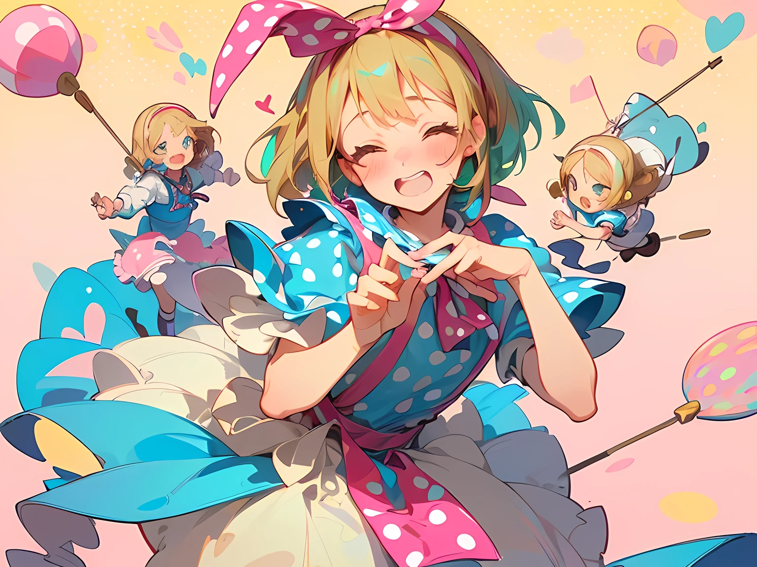 ((trio:1.3)),((Alice in Wonderland:1.3)),((A vibrant and lively background:1.2)),(Pop and cute polka dot pattern:1.45)),((You are the main character!:1.2)),((Beautiful images:1.15)),((high quality:1.15)),((Perfect graphics:1.15)),(((girl、Lady:1.2))),Big smile,(blush、Embarrassed laugh:1.25),(white、pink、cream、black、yellow)