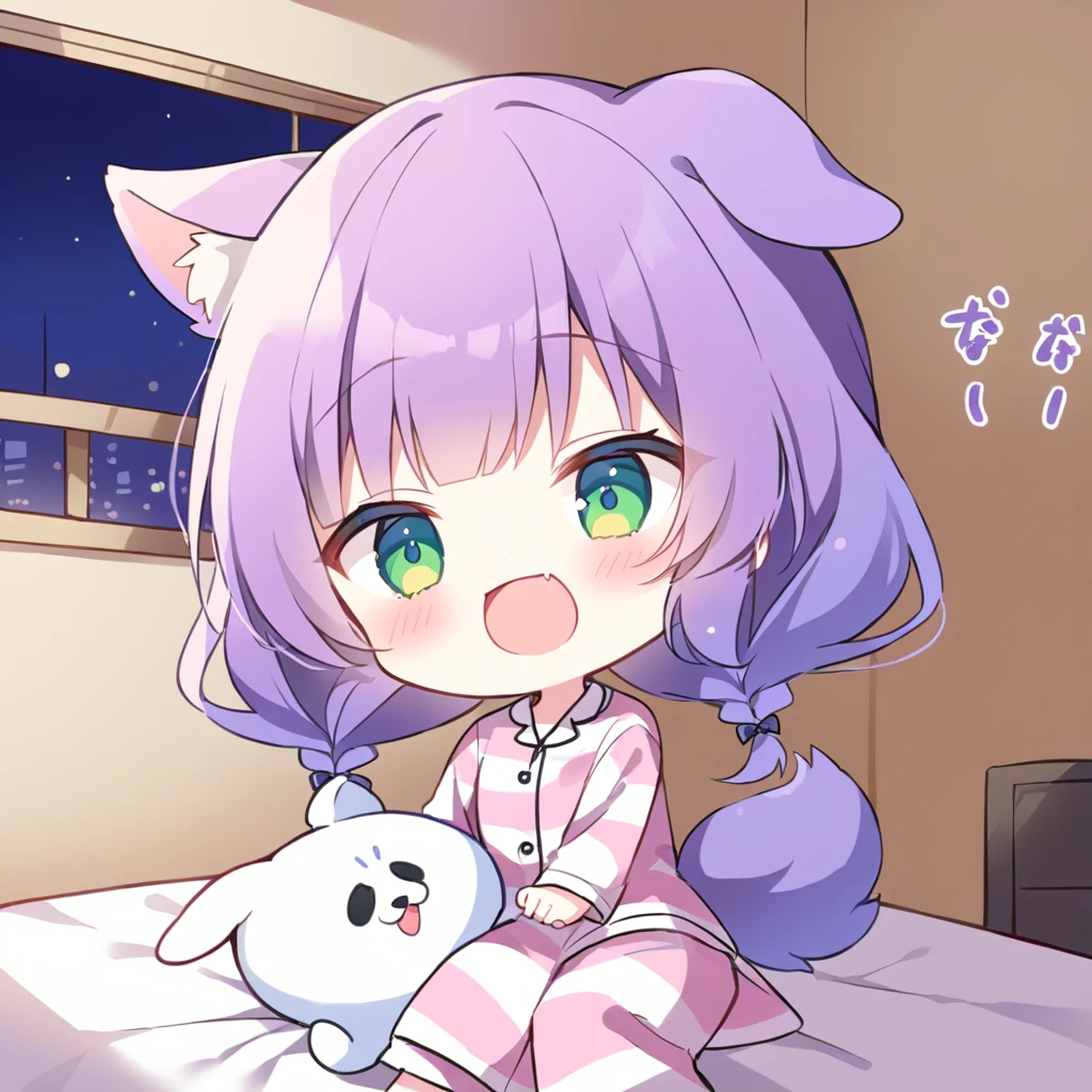 Top quality, masterpiece,a chibi girl
, peal purple and blunt bangs hair, twin braids,green eyes, eyes closed, mouth wide open and screaming, blushing, smilng,fangs,(pajamas,with Dog droopy ears and tail:1.4),night lit,bed room,