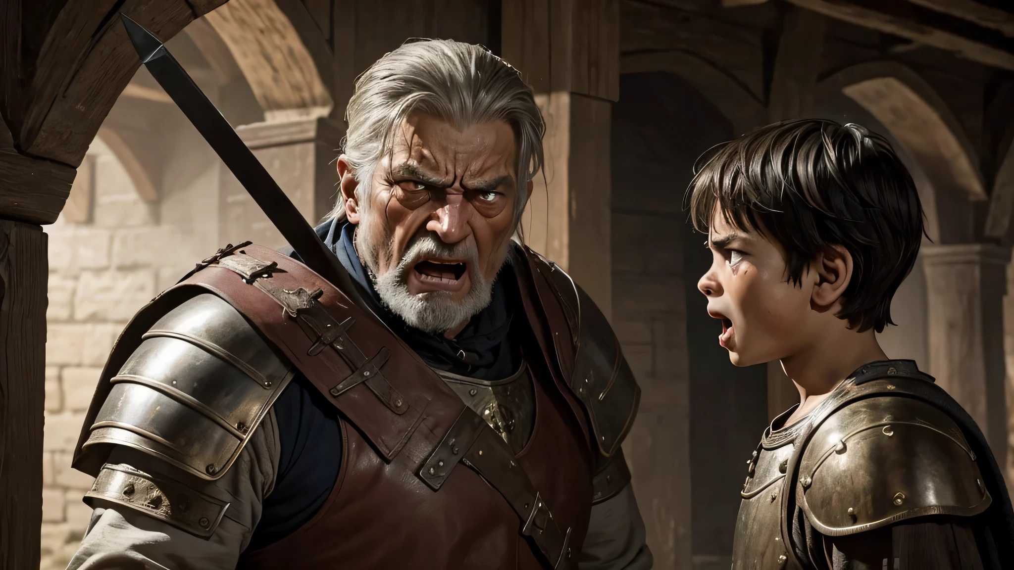 old medieval warrior with angry face, complaining to him, aggressively, and the boy with the crying face, looking at him
