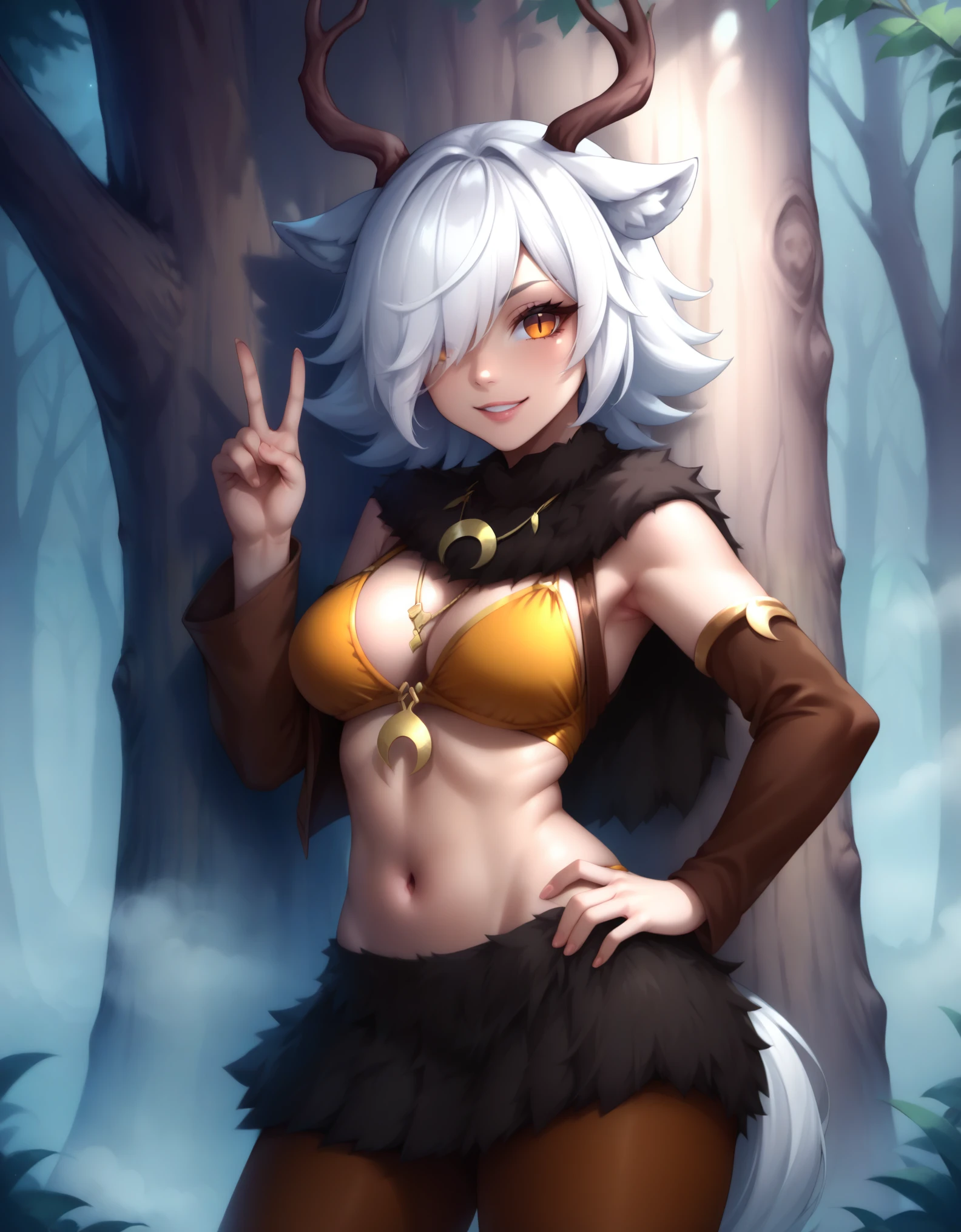 1girl,solo,deer girl,antlers,white hair,animal ears,tail,hair over one eye,orange eyes,slit pupils,crescent moon necklace,fur capelet,brown shirt,yellow bikini top,fur skirt,brown legwear,detached sleeves,
forest,outdoors,bare tree,fog,
looking at viewer,smile,hand up,v,hand on own hip,standing,back against tree,, score_9, score_8_up, score_7_up, perfect anatomy, source_anime, zPDXL2,