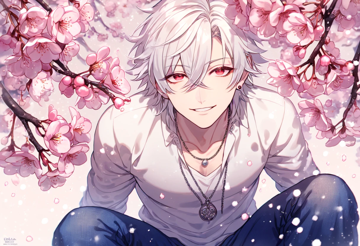Ultra detailed, HDR, Highres, absurdres, master piece, Aohitsugi Samatoki, white hair, long eyelashes, expressive red eyes, white shirt, blue pants, Hypnosis Mic, sexy man, handsome, cherry, flowers, blossoms, fantasy, magical, pink leaves, snowing, handsome, sensual, best quality, glittering, solo, necklace, piercing, handsome smile,