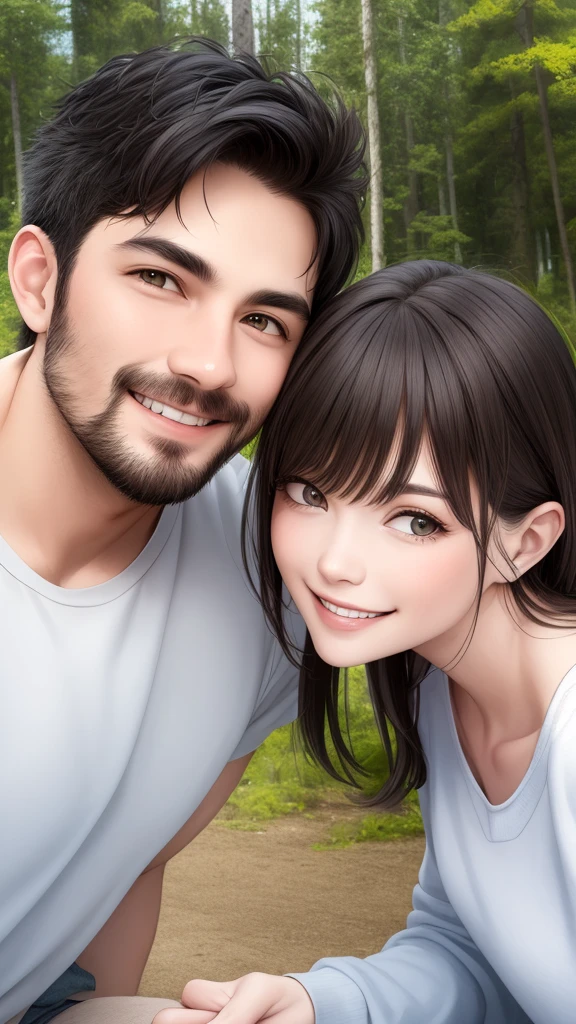 the couple is looking at each other while smiling in the forest for a selfie, 1girl, 1boy, facial hair, realistic, smile, black hair