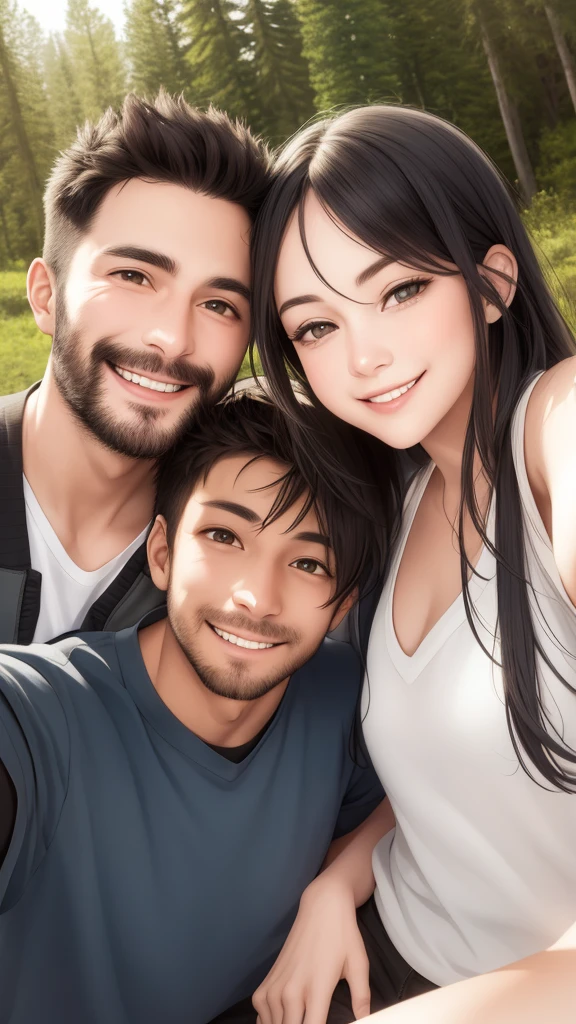 the couple is looking at each other while smiling in the forest for a selfie, 1girl, 1boy, facial hair, realistic, smile, black hair